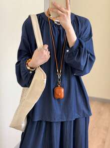 FRIFUL Conjunto de 2 piezas de blusa casual con botones en la espalda y falda fluida, corte holgado para mujer