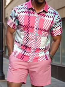 Manfinity Homme Camisa polo de hombre de verano casual con estampado de pata de gallo - Rosa - Ver 1