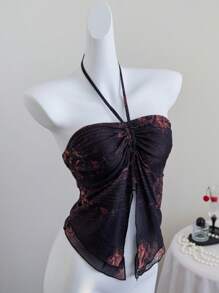 Flirla Women's Floral Print Ruched Bust Hem Slit Backless Halter Top, Vacation Style - Multicolor - View 1