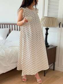 Dazy Plus Plus Size Patchwork Ruffle Trim Polka Dot Long Nightgown, Cute Home Sleepwear Women Nighty ,Vacation