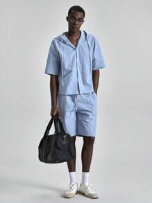 Ontre Men Summer Solid Color Casual Hoodie Short Sleeve Shirt, Suitable For Independence Day, St. John's Day, Graduation, Daily Wear, Vacation, Beach Resort,Commuting - Blue - View 1