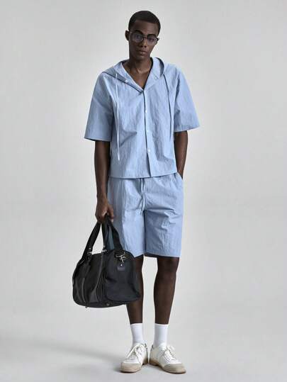 Ontre 男士夏季纯色休闲连帽短袖衬衫，适合独立日、圣约翰节、毕业典礼、日常穿着、度假、海滩度假、通勤