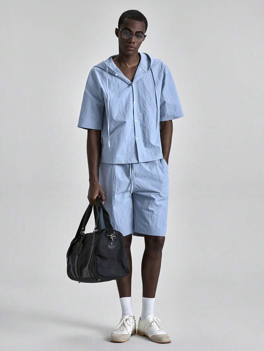 Ontre Men Summer Solid Color Casual Hoodie Short Sleeve Shirt, Suitable For Independence Day, St. John's Day, Graduation, Daily Wear, Vacation, Beach Resort,Commuting - Blue - View 1