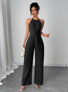 Firerie Women's Solid Color Waist Crisscross Wide Leg Jumpsuit - Black - View 3