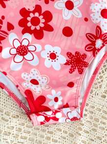 SHEIN Traje de baño una pieza con flores digitales estampadas en poliéster para niñas bebés con broche en la entrepierna - Multicolor - Ver 4