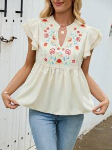 Breezaya Women's Floral Print Ruffle Hem Short Sleeve Shirt, Summer - Apricot - View 5