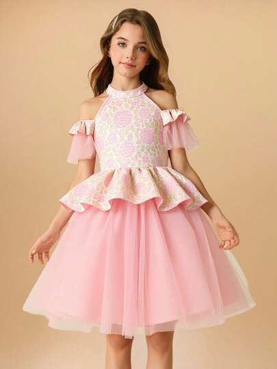 花童大女孩甜美纹理面料挂脖露背荷叶边袖收腰蛋糕泡泡袖短款派对礼服，适合婚礼、选美、生日派对