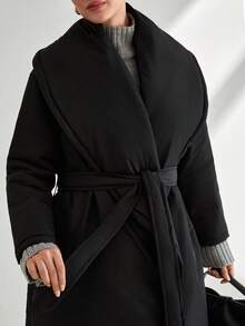 EURMUSE Oversized Quilted Maxi Padded Coat, Premium Winter Collection, Belted Wrap Design, Long Length Series, High-Fashion Statement Piece, Modern Volume Silhouette, Designer Outerwear Collection, High-End Fashion Series, Professional Winter Wear S For Women Long Coats For Women Long Black Coat Long Black Coat Women Long Padded Coat Women Maxi Padded Coat Oversized Padded Coat Women's Winter Coats - Black - View 7