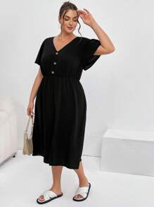 SHEIN Essnce Women's Plus Size Summer Casual Vacation Waist V-Neck Short-Sleeved Pocket Black Conservative Dress