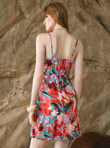 Chiquease Vestido corto casual de mujer con estampado de plantas tropicales, atuendos de verano y vacaciones, atuendos de playa para mujer, atuendos de Hawái para mujer, vestidos de playa, vestido floral para mujer, estampado de océano, vestidos de verano para mujer, ropa bohemia para mujer, atuendos de vacaciones en la playa - Rojo - Ver 4