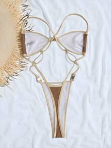 Swim Vcay 女士夏季沙滩装连体泳衣吊带丁字裤比基尼性感泳装，欧美风格 - 咖啡棕 - 查看 4