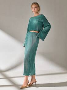 CLARA VERO Conjunto de falda recta plisada y top de cuello redondo elegante de color verde sólido para mujer