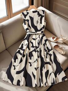 Franclia 黑白抽象印花立领无袖系带连衣裙 - 黑與白 - 查看 4