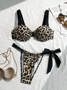 SHEIN Swim 女士豹纹系带比基尼泳装套装，海滩度假 - 彩色 - 查看 4