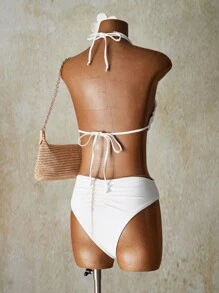 SHEIN ICON Women's White Knitted Bikini Set With Spaghetti Straps And Tie Back Detailing For A Chic Beach Look - White - View 2