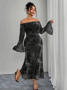Modelyn Women's Off Shoulder Flare Sleeve Elastic Net Tie-Dye Print Ruffle Fitted Mermaid Hem Elegant & Fashionable Plus Size Dress - Multicolor - View 5