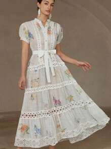 Aveloria Rosie Đầm voan họa tiết hoa cổ điển thanh lịch, tay bồng, viền ren khoét sâu, thắt eo cho nữ - trắng - Xem 5