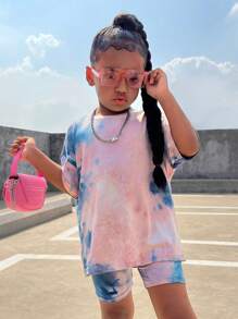 SHEIN SLAYR KIDS 2 件套年轻女孩休闲扎染印花宽松 T 恤和紧身打底裤套装 - 灰色 - 查看 7