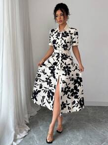 Elenzga 女式印花束腰度假优雅连衣裙，夏季 - 杏色 - 查看 3