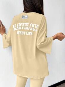 Mulvari 女士夏季休闲字母印花T恤和紧身裤两件套 - 卡其色 - 查看 5