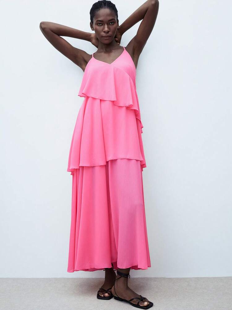 SHEIN Maija Women's Solid Color Ruffled Hem Maxi Spaghetti Strap Dress, Elegant