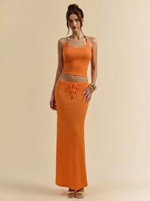 SHEIN BAE Bộ 2 món/Bộ áo crop top dây mảnh màu cam kết cấu trơn và váy dài cạp trễ cho nữ, trang phục nghỉ dưỡng cho mùa xuân/hè - trái cam - Xem 6