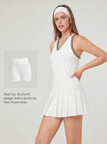 GLOWMODE Quick-Dry Tennis Built-In Cups Now Serving Racerback Pleated Peekaboo Dress Medium Impact With Built-In Shorts Side Pockets Low Impact Running Training Workout Gym - White - View 5