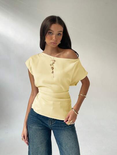 Aloruh 女式休闲纯色不对称褶领修身衬衫，夏季