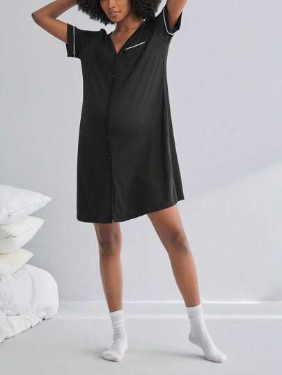 BloomMama Maternity Short Sleeve Nursing Nightgown Button, Loungewear Sleepwear Pajama Dress Sleep Shirt view 6