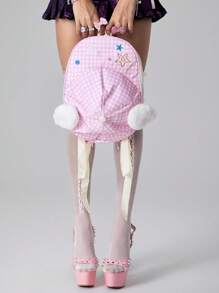 ROMWE Kawaii Cute Star Button Plush Wing Gingham Pattern Fashion Backpack & Outdoor Sports Baseball Cap Set, Lightweight Casual Commuter Daypack For Schoolbooks - Pink - View 6