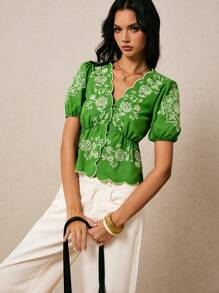 Poéselle Áo kiểu nữ tay ngắn thêu họa tiết phong cách vintage Boho, áo dễ thương, áo thêu, áo sơ mi cài nút, áo dành cho nữ đi nghỉ mát, phong cách cổ điển, phụ nữ thanh lịch, vintage, mùa hè/thu - màu xanh lá - Xem 5