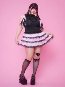 ROMWE Goth J-Fashion 女式加大码镂空刺绣交叉领无袖紧身衣 - 黑色 - 查看 6