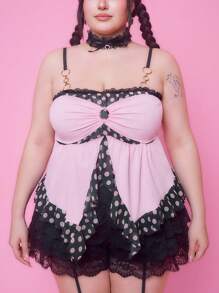 ROMWE Kawaii Cute Y2K Style Polka Dot Ruffle Hem Plus Size Camisole & Tank Top - Pink - View 2
