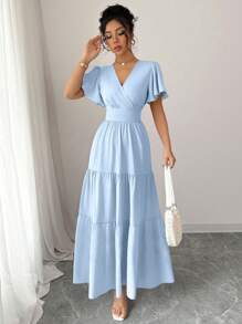 Elenzga 2025 Spring/Summer New Arrival French Elegant Cinched Waist High-Quality Purple Short Sleeve Dress - Baby Blue - View 4