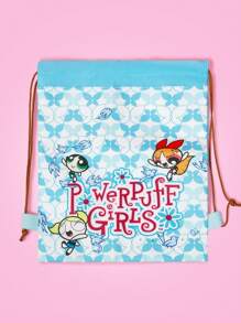THE POWERPUFF GIRLS X SHEIN 花朵、泡泡、毛茛图案清新蓝白快乐飘逸抽绳背包 - 綠色 - 查看 3