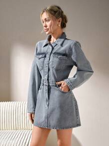 CLARA VERO 女士休闲通勤水洗牛仔连衣裙 - 灰色 - 查看 3