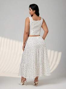 SHEIN ICON Plus Size Square Neck Button Front Ditsy Floral Vest Top And Flared Hem Floral Skirt 2 Pieces Set, Summer - Multicolor - View 7