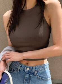 DAZY Women's Solid Color Round Neck Sleeveless Short Rib Knit Casual Tank Top, Summer,Back To School Clothes Crop Women Tops