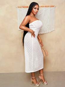 BamGleam 1 pieza Vestido de tirantes de punto con calado y rejilla blanco entallado para mujer, diseño minimalista sexy - Blanco - Ver 5