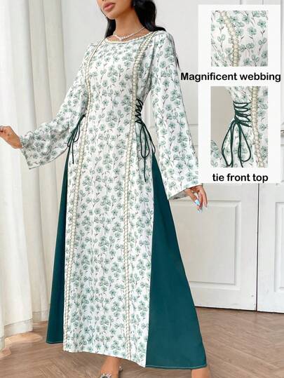 Al Najma 女士花卉印花圆领长袖侧系带阿拉伯连衣裙