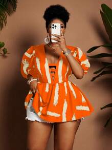 Maweii Blusa elegante con estampado floral, cuello en V y mangas abullonadas para mujer de talla grande - Naranja - Ver 1