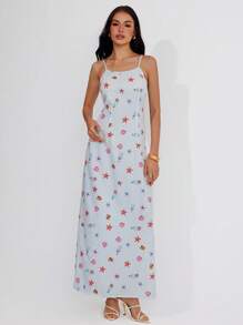 Roylia Women's Maxi Dress With Striped, Seashell, Starfish, Drifting Bottle Prints, Multicolor, Fitted, Square Neck, Spaghetti Straps, Backless, Waist Cinched, Extra-Wide Hem, Suitable For Vacation, Festival, Sexy, Elegant, Romantic, Minimalist, Casual, Commuter, Bohemian Holiday Style, Spring/Summer - Blue - View 4