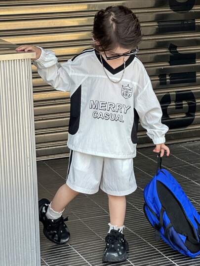 DAZY 2pcs Kids Boys V-Neck Colorblock Print Long Sleeve Top And Shorts Set, Fall