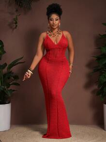 Slaydiva 2025 Spring & Summer New Boho Holiday Casual Party Khaki Knitted Cinched Waist Hollow Sheer Cami Dress, Plus Size Winter Fall Autumn