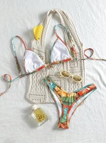 Elavelle Springbreak 女士沙滩装夏季女装：随机花卉和金属海星装饰细肩带高腰短裤性感比基尼套装 - 彩色 - 查看 3