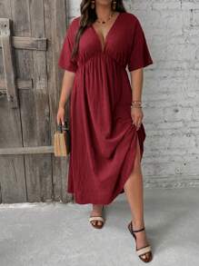 SHEIN VCAY Plus Size Solid V-Neck Casual Versatile Short Sleeve Dress - Burgundy - View 4