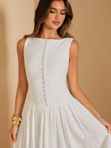 SHEIN BAE 女士夏季无袖针织纹理刺绣精致大码连衣裙优雅连衣裙/女士夏装/白色连衣裙/婚礼宾客礼服女 - 白色 - 查看 6