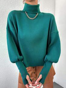 RueChic Áo cao cổ Thả vai Áo len - Màu xanh lá cây đậm - Xem 3