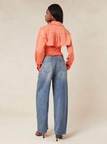 SHEIN Unity 春季筒形裤中长洗水泡泡牛仔裤夏季节日超大宽松休闲日常街头潮流长裤女式牛仔裤 - 深色水洗藍 - 查看 4