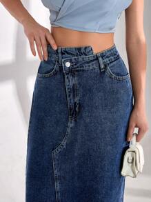 SHEIN Cottnline Jupe en jean mini asymétrique délavée et effilochée pour femmes, style casual - Jean brut - Voir 5